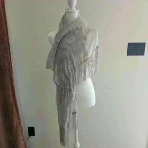 Boho Tasseled Floral Scarf Gray and White Y2K